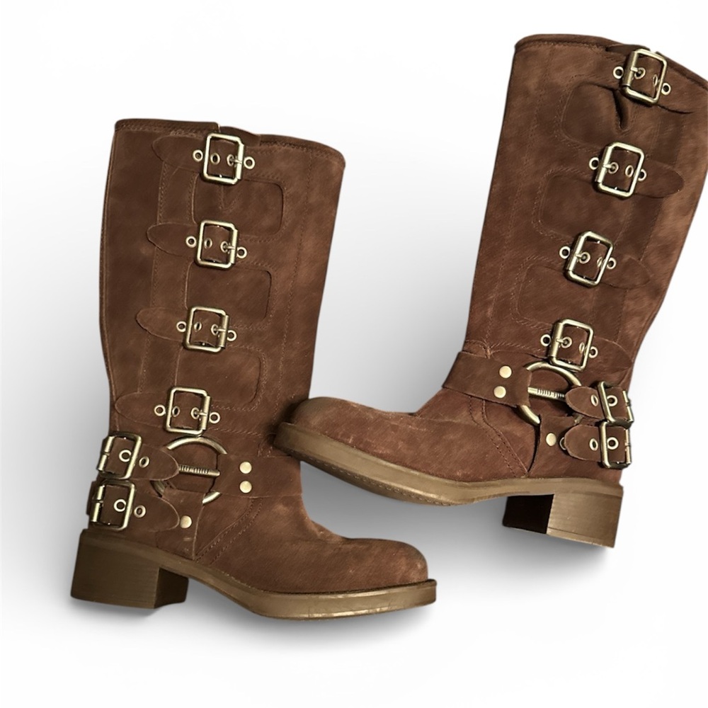 Miu Miu Brown Suede Buckle Knee-High Boots
